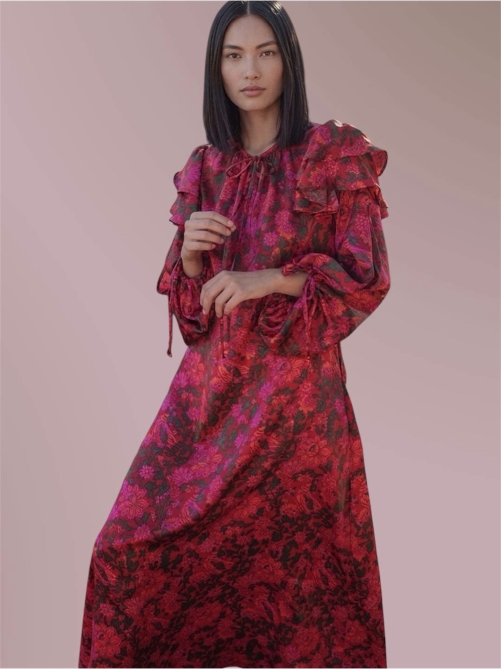 De Marionettes Floral Maxi Ruffle Dress - Statement Sleeves!